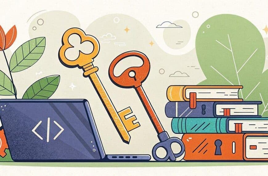 A laptop with code symbols, two large keys, stacked books, a gear, and a potted plant, all illustrated with a flat, colorful style.