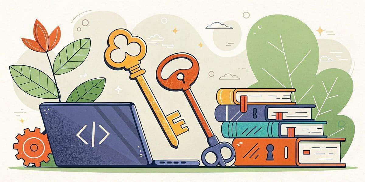 A laptop with code symbols, two large keys, stacked books, a gear, and a potted plant, all illustrated with a flat, colorful style.