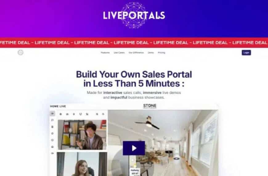 A website page for "LIVEPORTALS" displays a headline about building sales portals quickly, video call interface images, and a purple banner stating "LIFETIME DEAL" at the top.