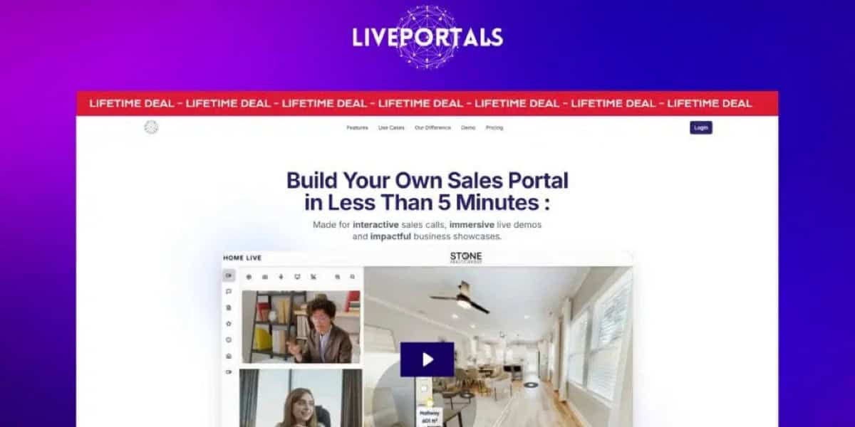 A website page for "LIVEPORTALS" displays a headline about building sales portals quickly, video call interface images, and a purple banner stating "LIFETIME DEAL" at the top.