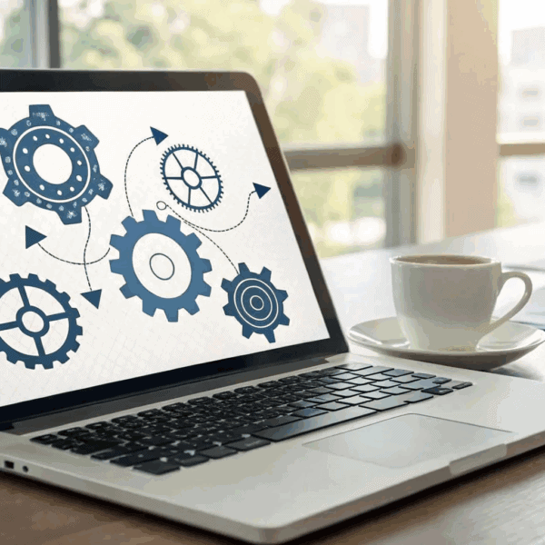 A laptop on a desk displays interconnected gear icons on the screen; a cup of coffee, papers, and a pen are nearby, with large windows in the background.