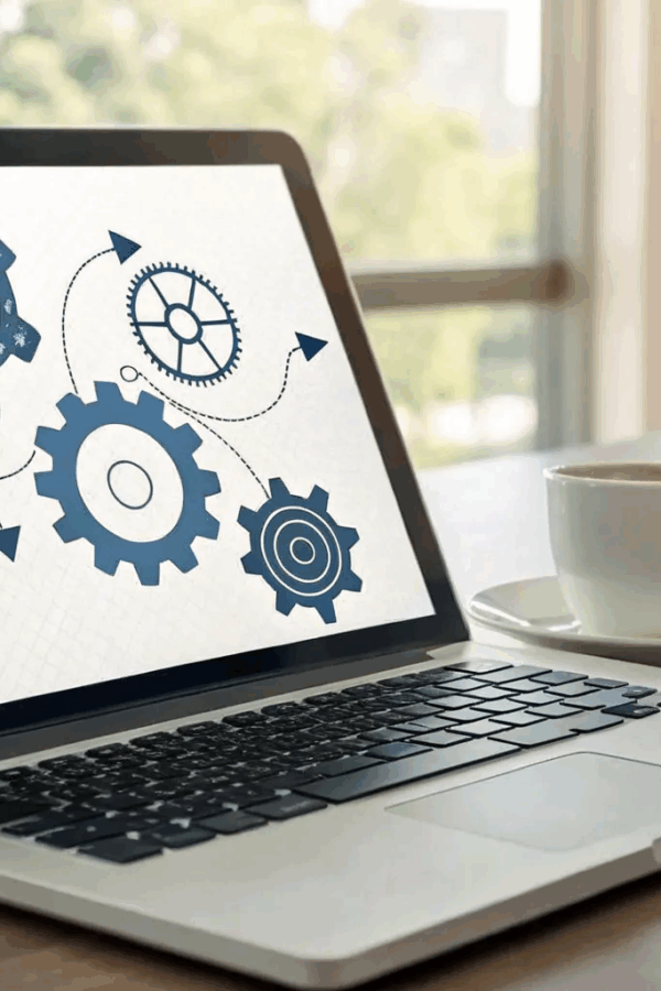 A laptop on a desk displays interconnected gear icons on the screen; a cup of coffee, papers, and a pen are nearby, with large windows in the background.