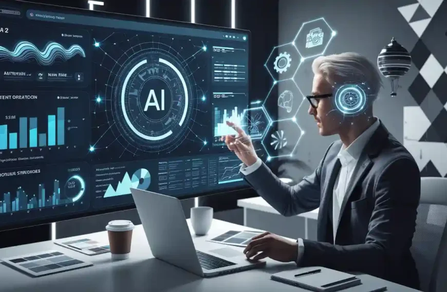 A person in a suit interacts with a futuristic AI interface on a large screen. The desk has a laptop, papers, and a coffee cup. Holographic elements float around the screen.