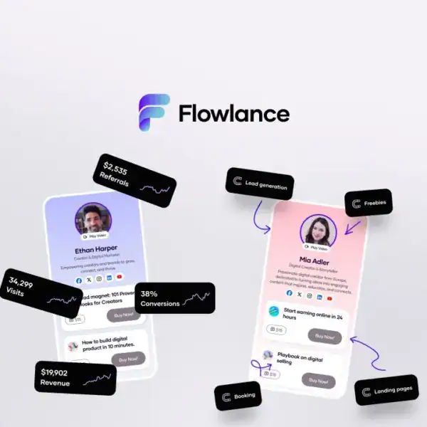 Two smartphone screens display freelancer profiles with metrics like revenue, leads, and conversions, alongside the Flowlance logo on a light background.