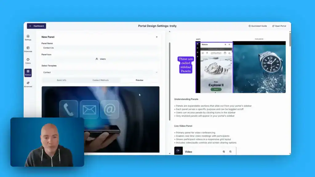 Screenshot of a web portal design interface with editing tools, a preview of a phone displaying icons, and a man’s face shown in a small video call window in the corner.