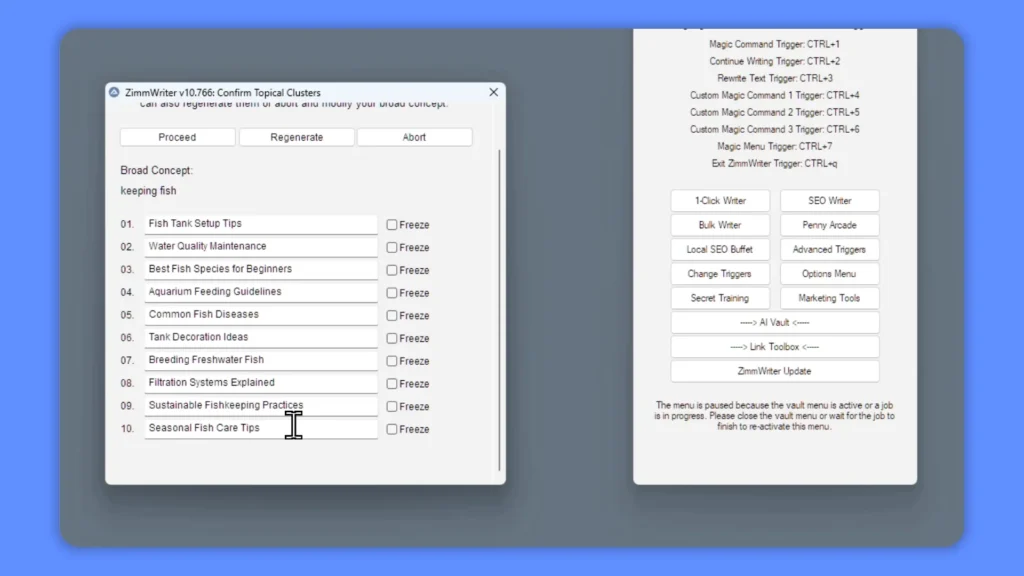 Two software windows are open. The left window displays a list of clusters with checkboxes. The right window lists commands and shortcuts. A cursor hovers over "Refrigerating Products.
