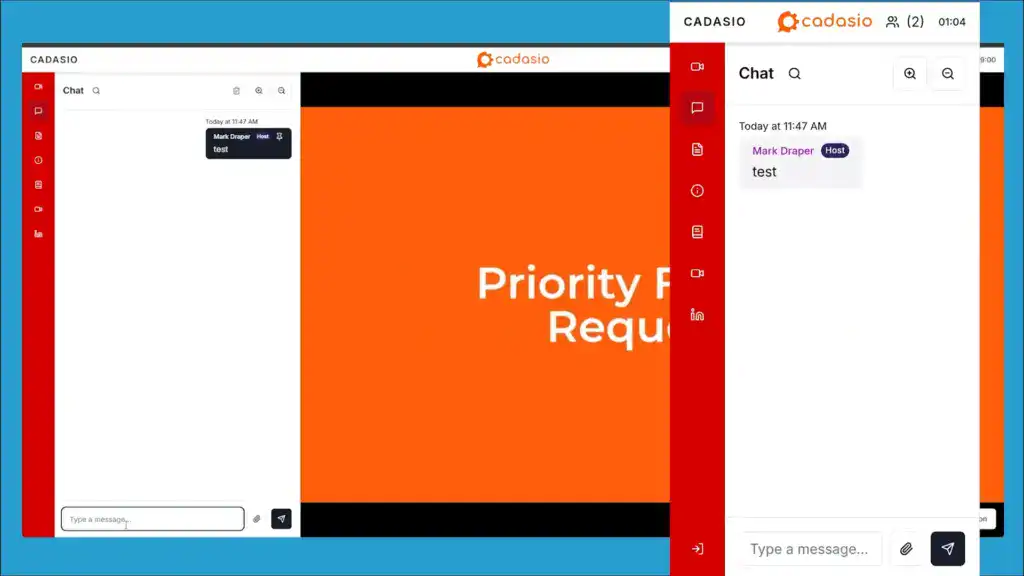 A computer screen displays a split view with Cadasio software on the right showing a chat, and a presentation slide reading "Priority R... Requ..." on the left.