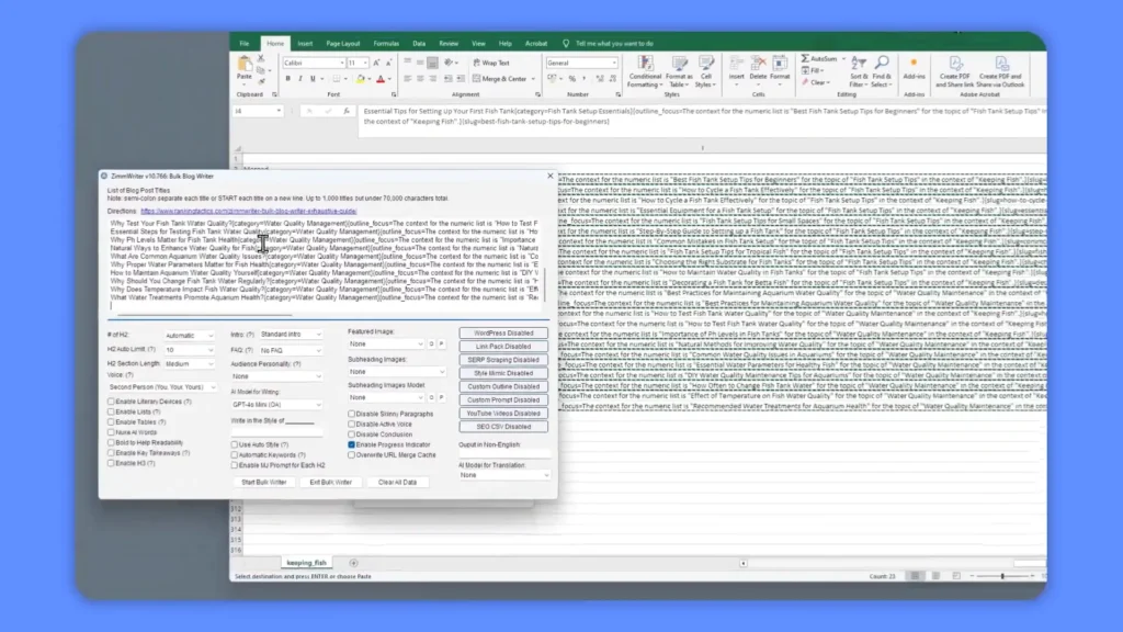 A computer screen displaying a spreadsheet with an open dialog box detailing various data processing options and settings, with a background of a blue bordered window.